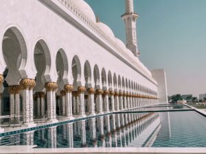 i riflessi delle colonne della Grande Moschea di Abu Dhabi nelle piscine antistanti