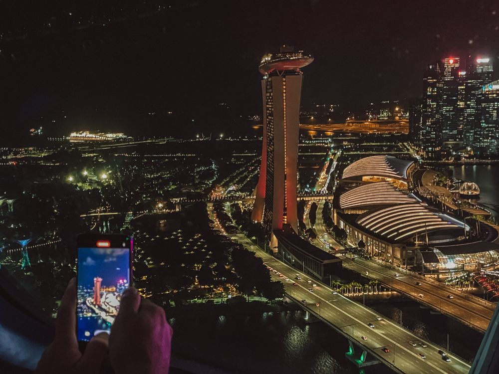 la vista notturna dalla sommità del Singapore Flyer