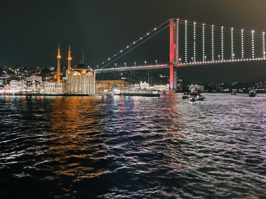 Moschea di Ortakoy a Istanbul vista dal Bosforo